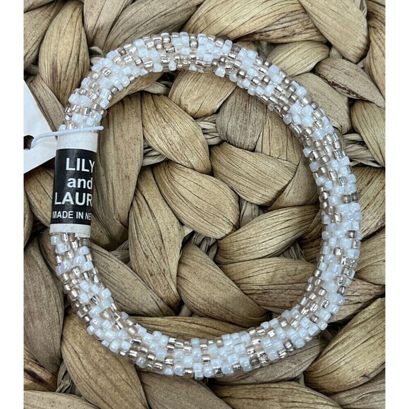 LILY and LAURA "Rose Gold Confetti" Hand Crocheted Beaded Bracelet White - Picture 1 of 3